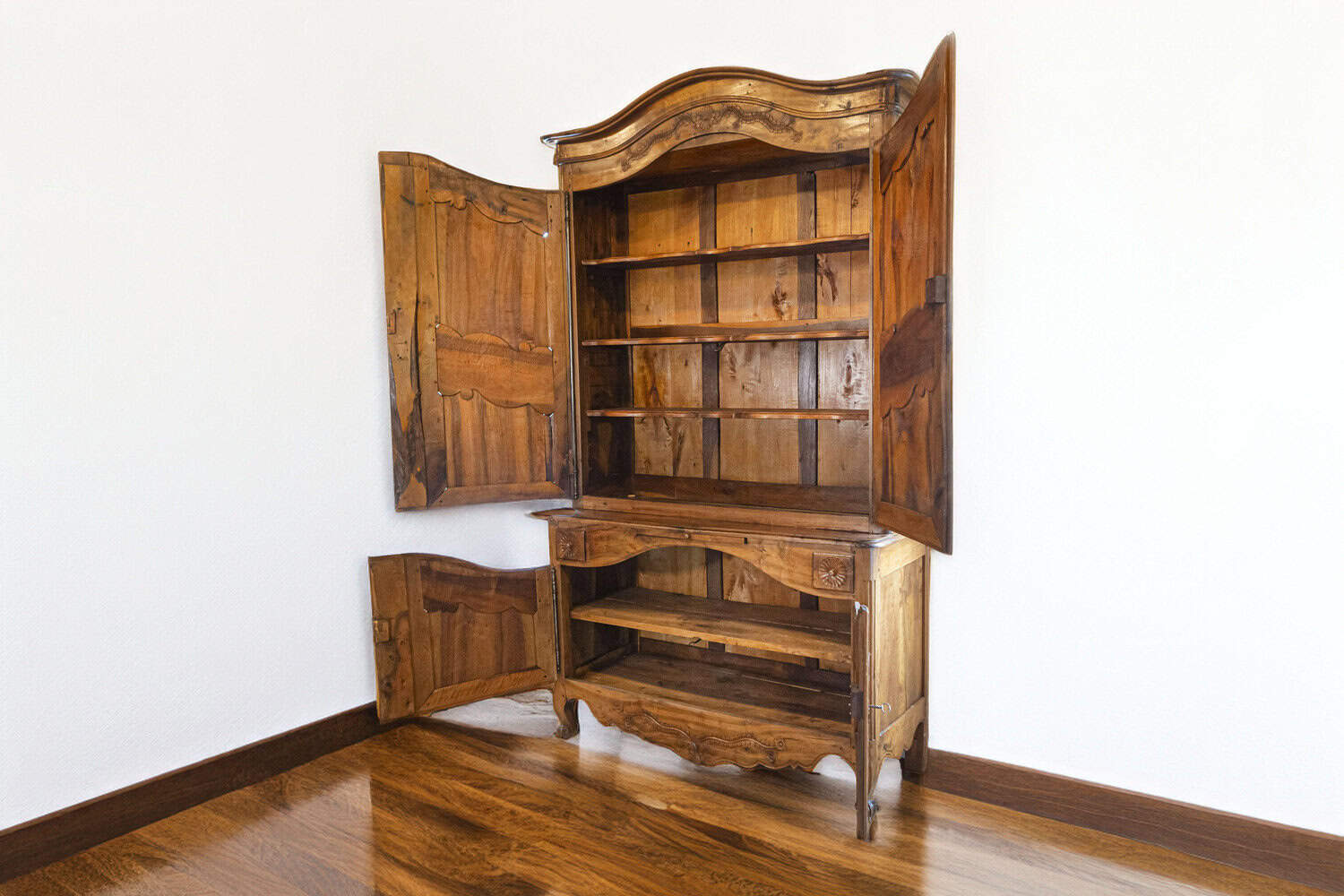 French 1750s Louis XV Walnut Floral Buffet à Deux-Corps from the Loire Valley - JAA