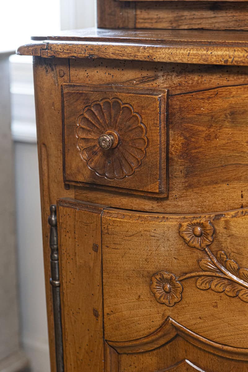 French 1750s Louis XV Walnut Floral Buffet à Deux-Corps from the Loire Valley - JAA