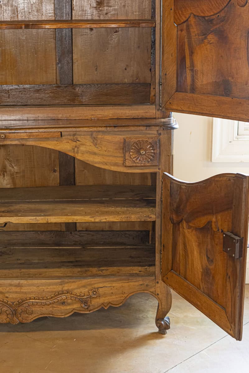 French 1750s Louis XV Walnut Floral Buffet à Deux-Corps from the Loire Valley - JAA