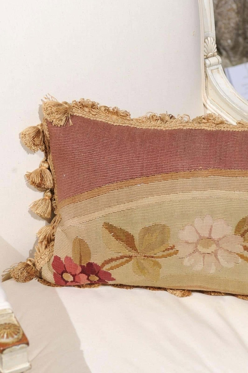 19th Century French Aubusson Tapestry Pillow with Flowers and Petite Tassels - JAA