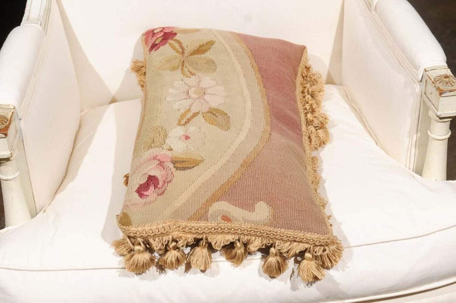 19th Century French Aubusson Tapestry Pillow with Flowers and Petite Tassels - JAA