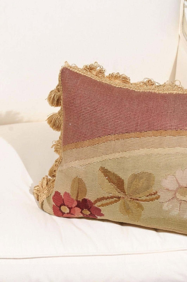 19th Century French Aubusson Tapestry Pillow with Flowers and Petite Tassels - JAA