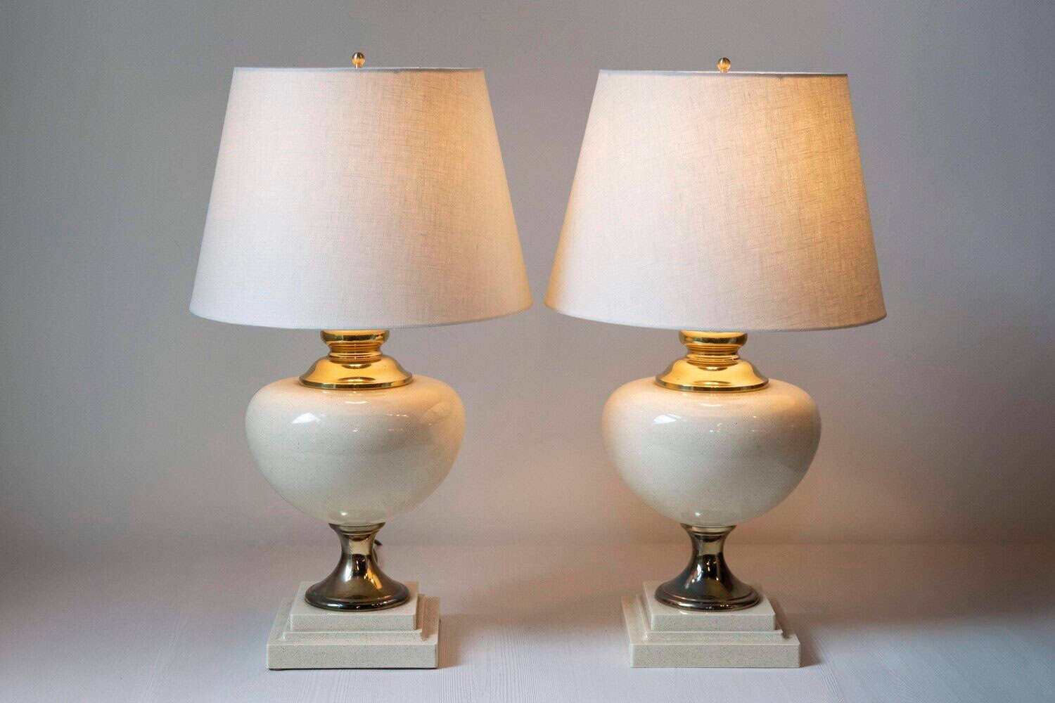 Pair of 20th Century French Ceramic and Brass Table Lamps with Ivory Glaze - JAA