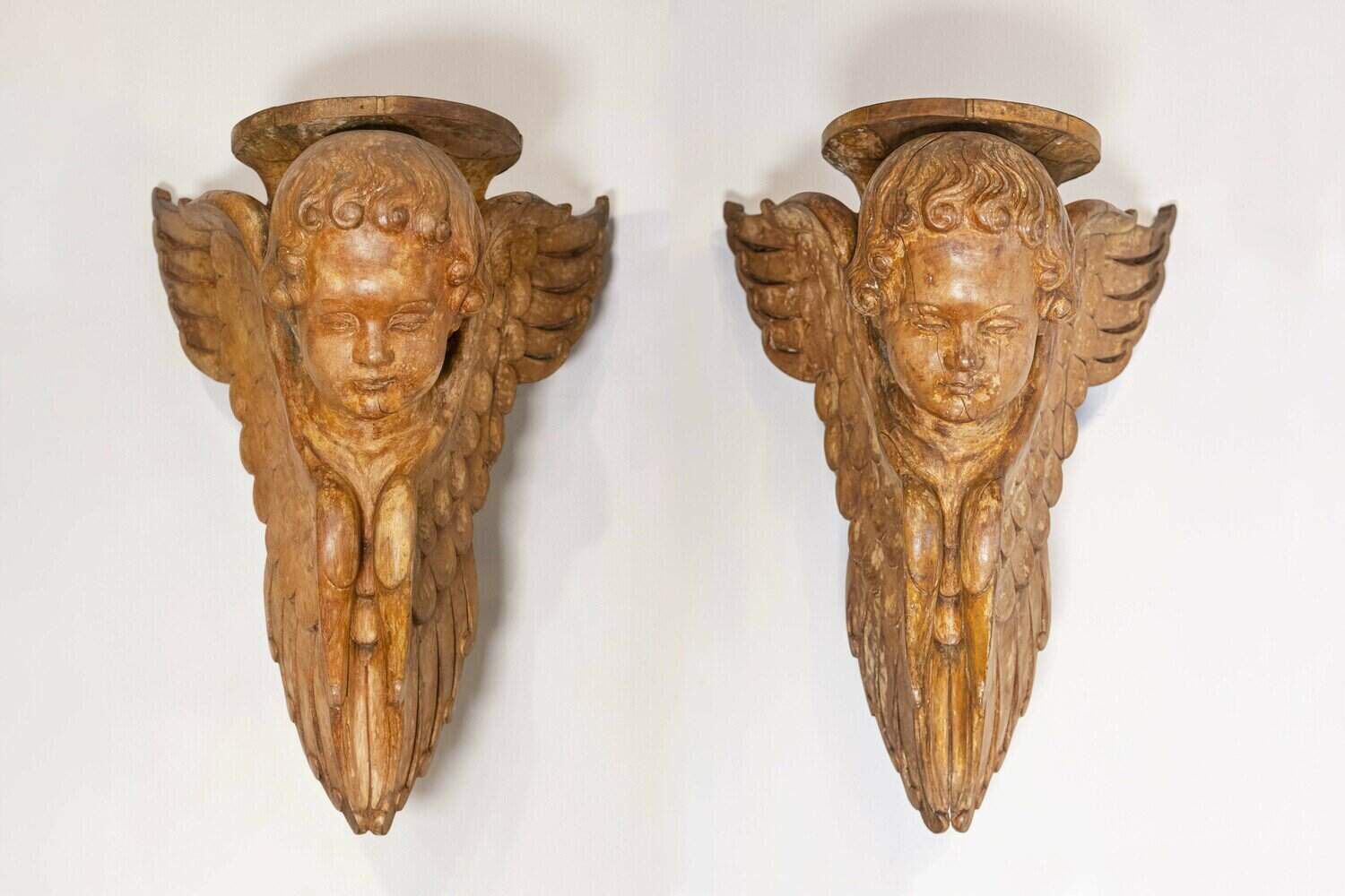 40% OFF at Checkout. Pair of French 19th Century Wooden Wall Brackets with Carved Cherubs - JAA