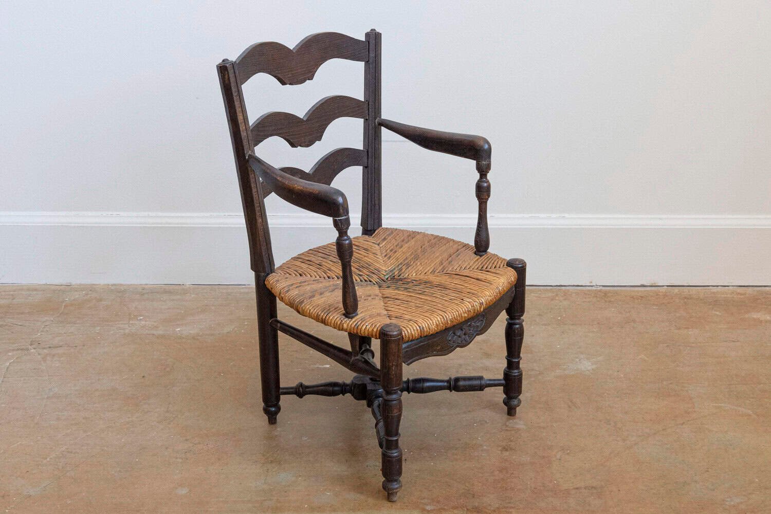 French Rustic Dark Oak 19th Century Child's Chair with Ladder Back and Rush Seat - JAA