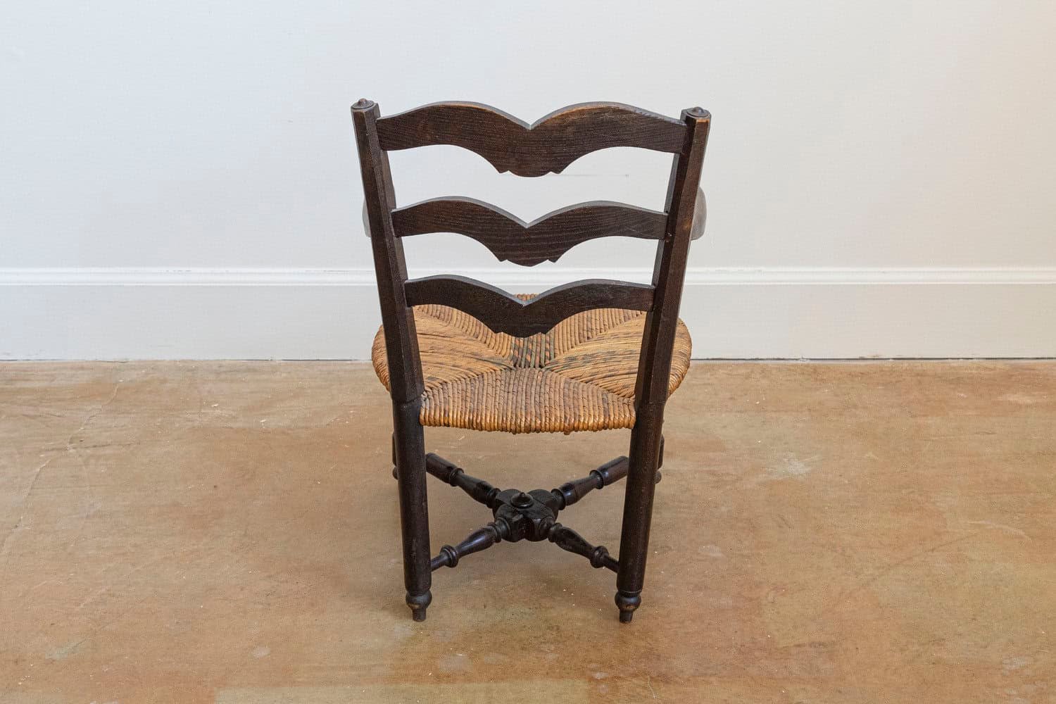 French Rustic Dark Oak 19th Century Child's Chair with Ladder Back and Rush Seat - JAA