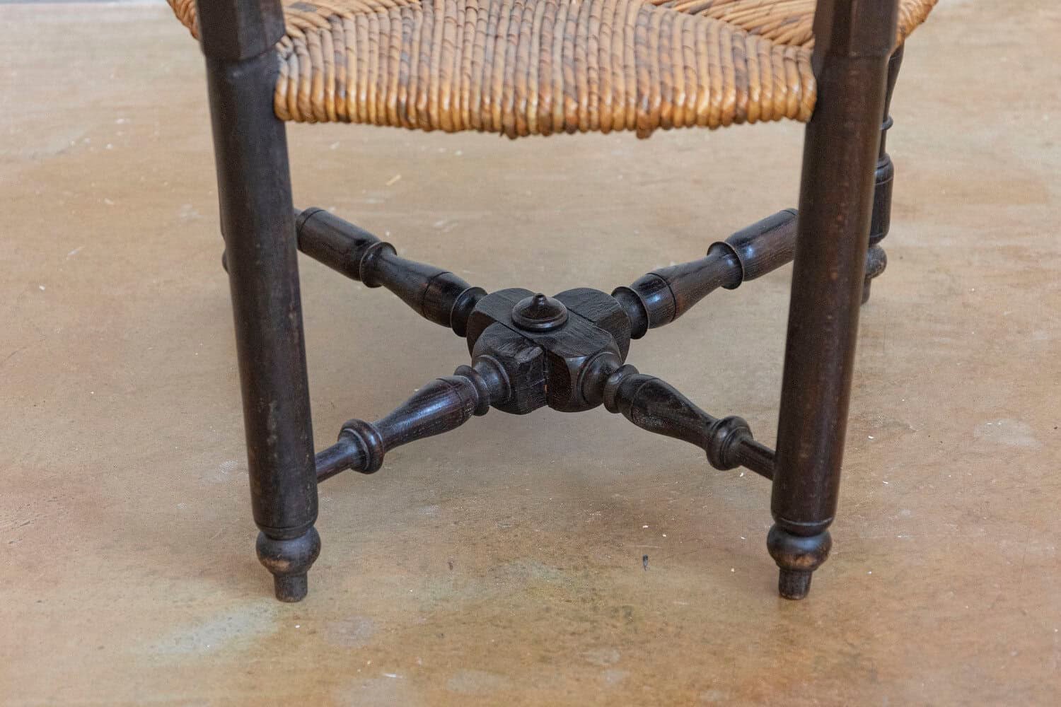 French Rustic Dark Oak 19th Century Child's Chair with Ladder Back and Rush Seat - JAA