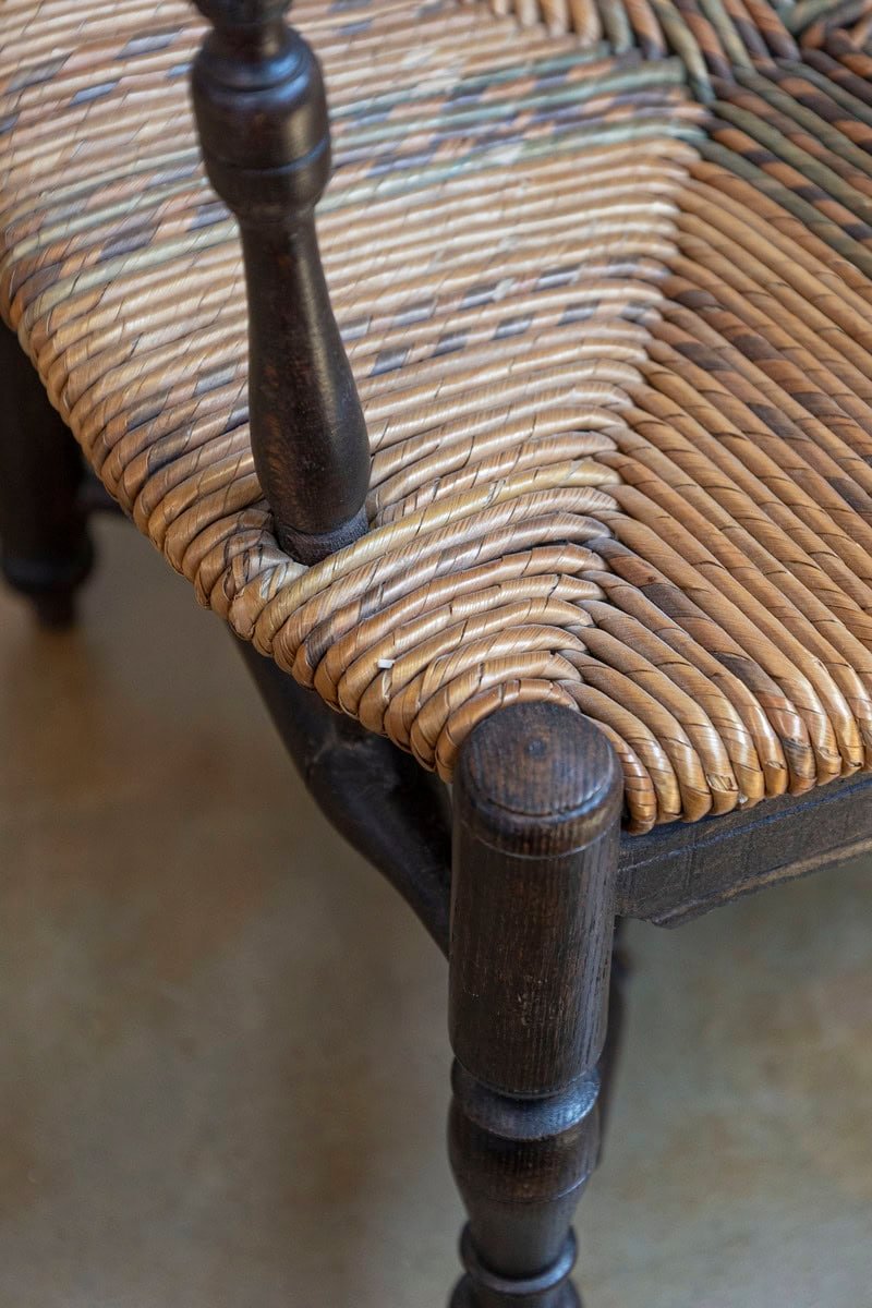 French Rustic Dark Oak 19th Century Child's Chair with Ladder Back and Rush Seat - JAA