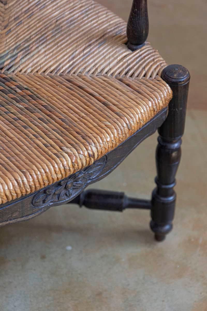 French Rustic Dark Oak 19th Century Child's Chair with Ladder Back and Rush Seat - JAA