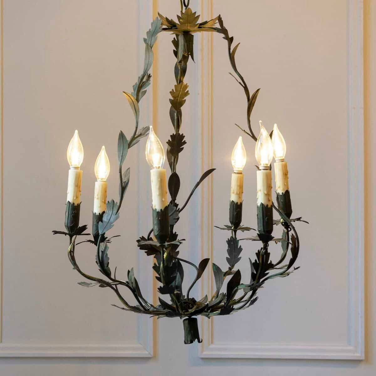 On Hold - 20th-Century French Iron Chandelier with Foliate Details - JAA