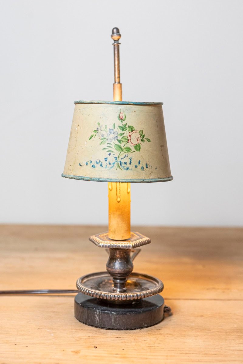 French 19th Century Tôle Lamp with Original Hand-Painted Floral Themed Shade - JAA