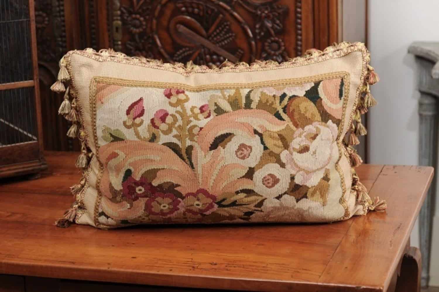 Pillow Made from a 19th Century French Tapestry with Floral Décor and Tassels - JAA
