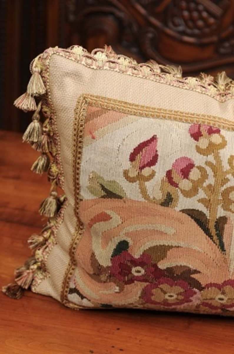 Pillow Made from a 19th Century French Tapestry with Floral Décor and Tassels - JAA