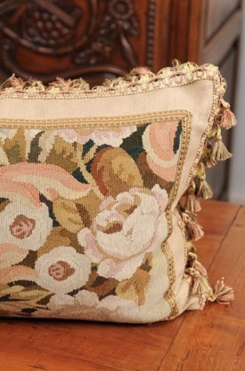 Pillow Made from a 19th Century French Tapestry with Floral Décor and Tassels - JAA