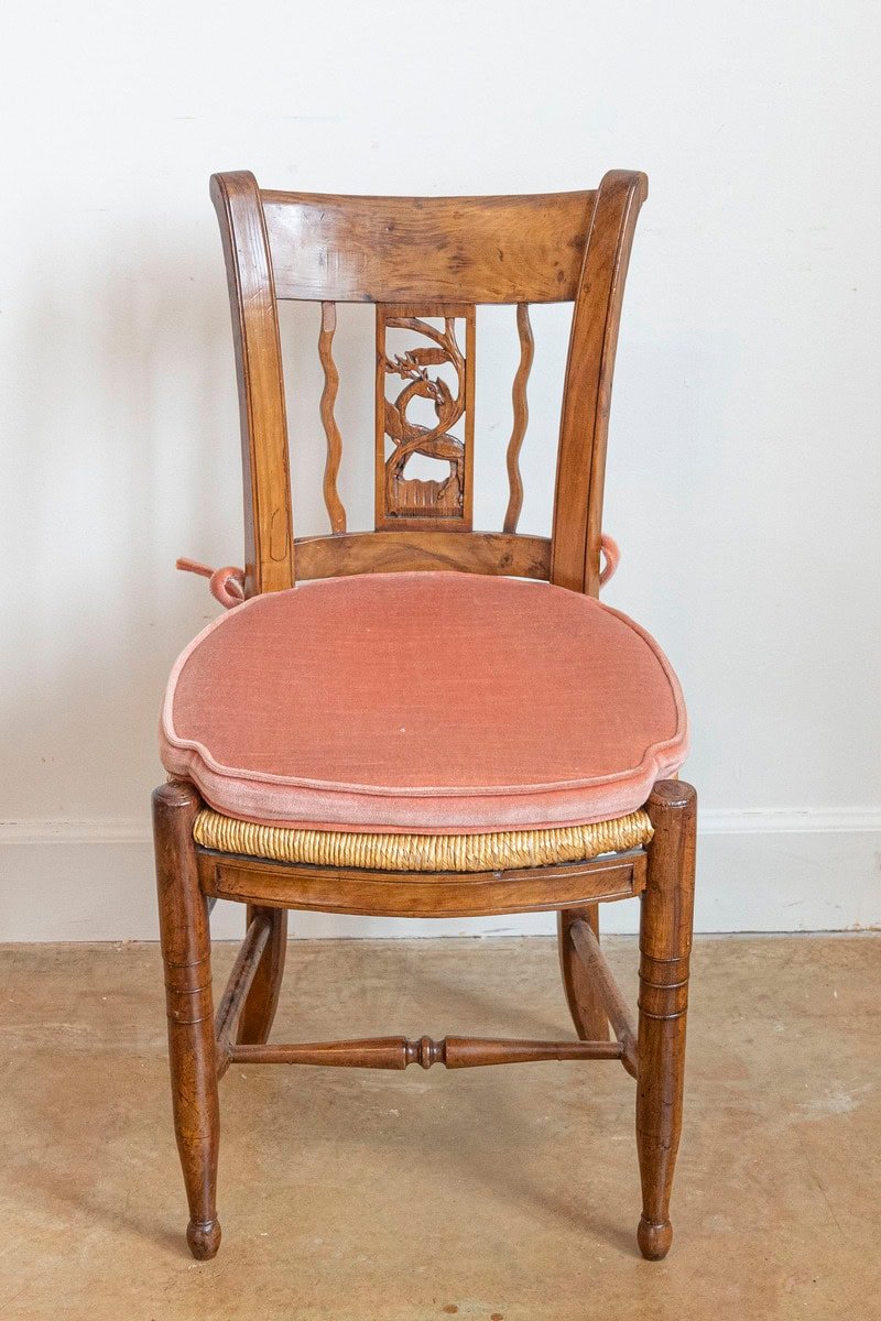 Pair of French Directoire Period Walnut Side Chairs with Carved Stags - JAA