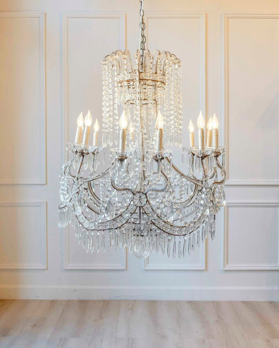 Gilded Italian Basket Chandelier with Crystal and Glass Drops, c.1900 - JAA