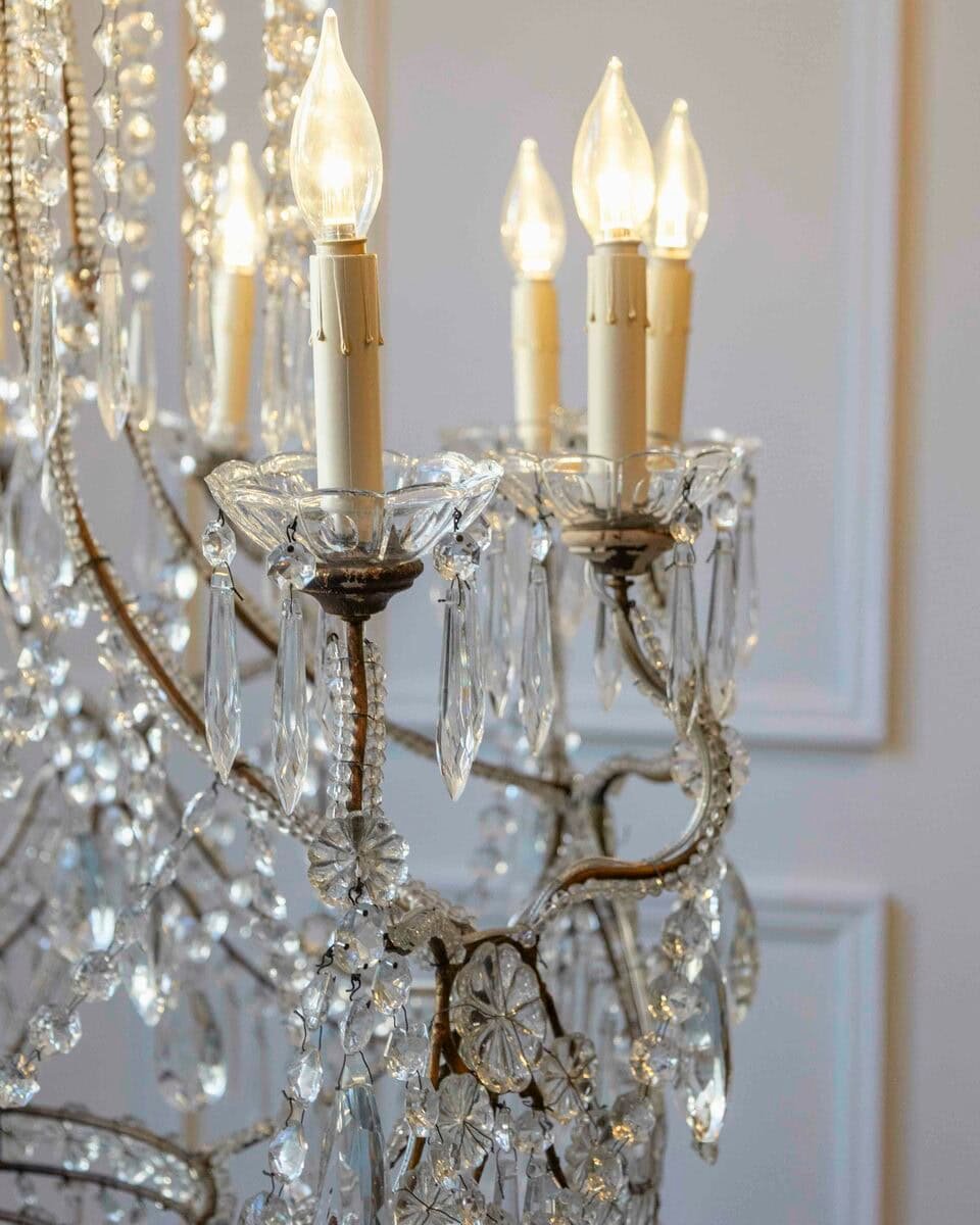Gilded Italian Basket Chandelier with Crystal and Glass Drops, c.1900 - JAA