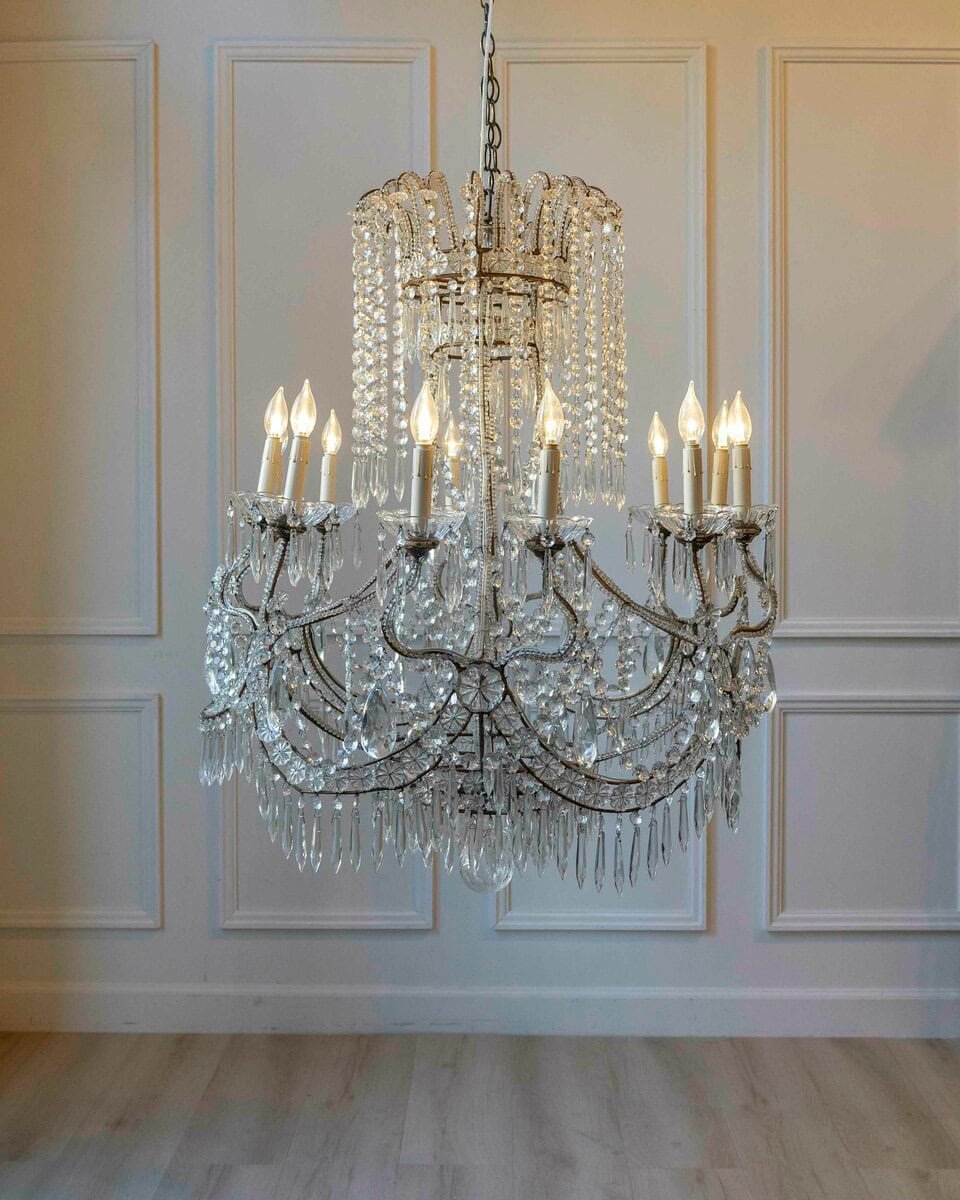 Gilded Italian Basket Chandelier with Crystal and Glass Drops, c.1900 - JAA