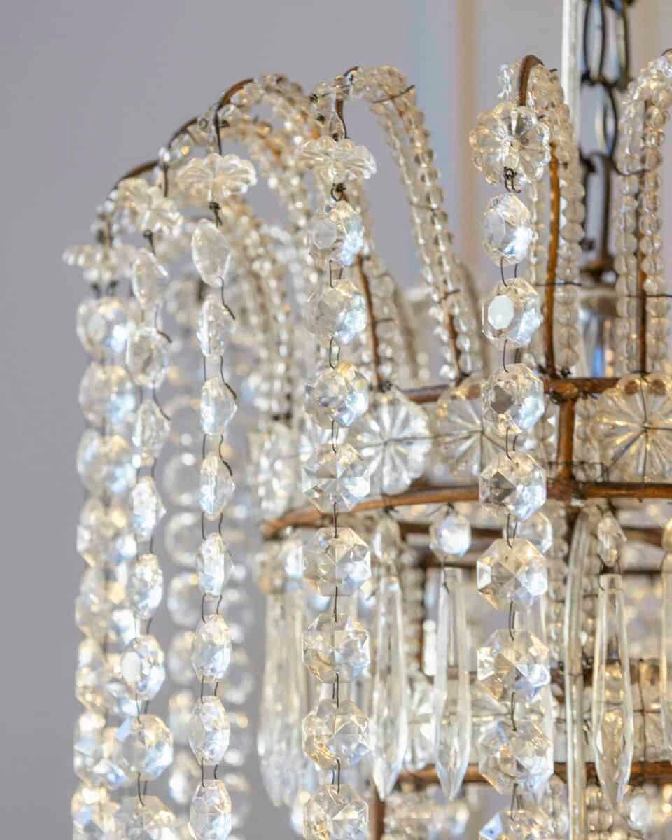 Gilded Italian Basket Chandelier with Crystal and Glass Drops, c.1900 - JAA