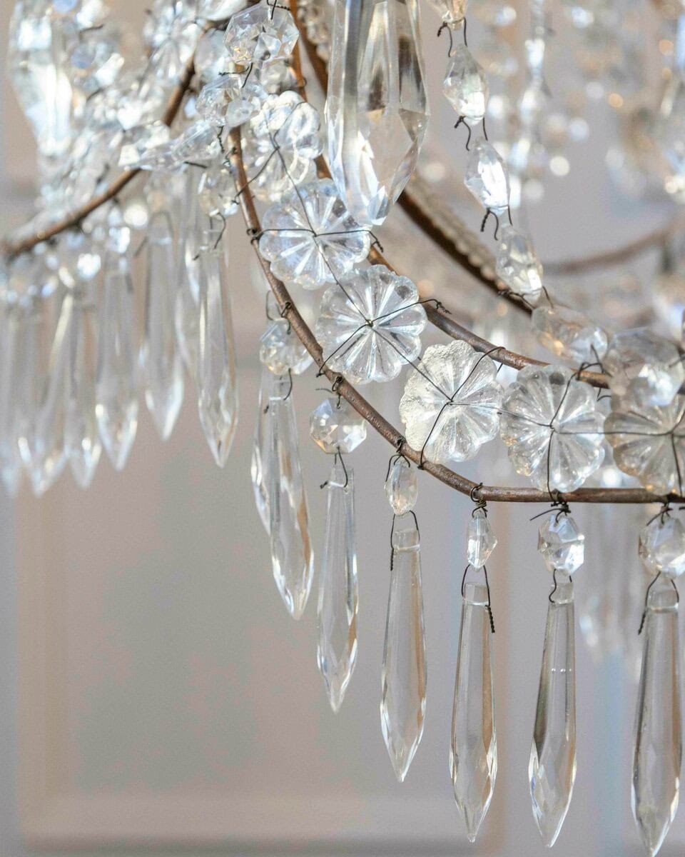 Gilded Italian Basket Chandelier with Crystal and Glass Drops, c.1900 - JAA