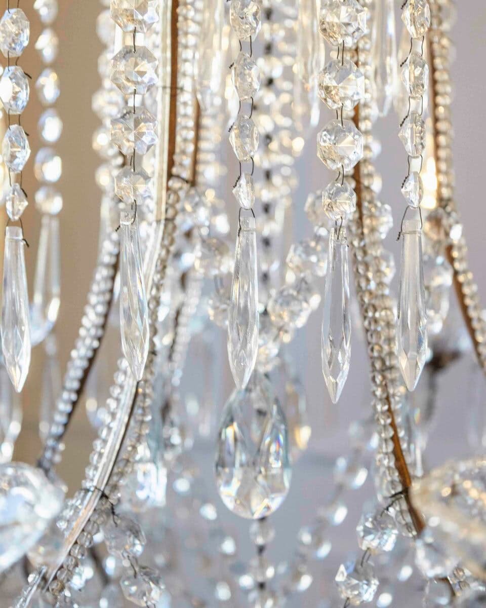 Gilded Italian Basket Chandelier with Crystal and Glass Drops, c.1900 - JAA