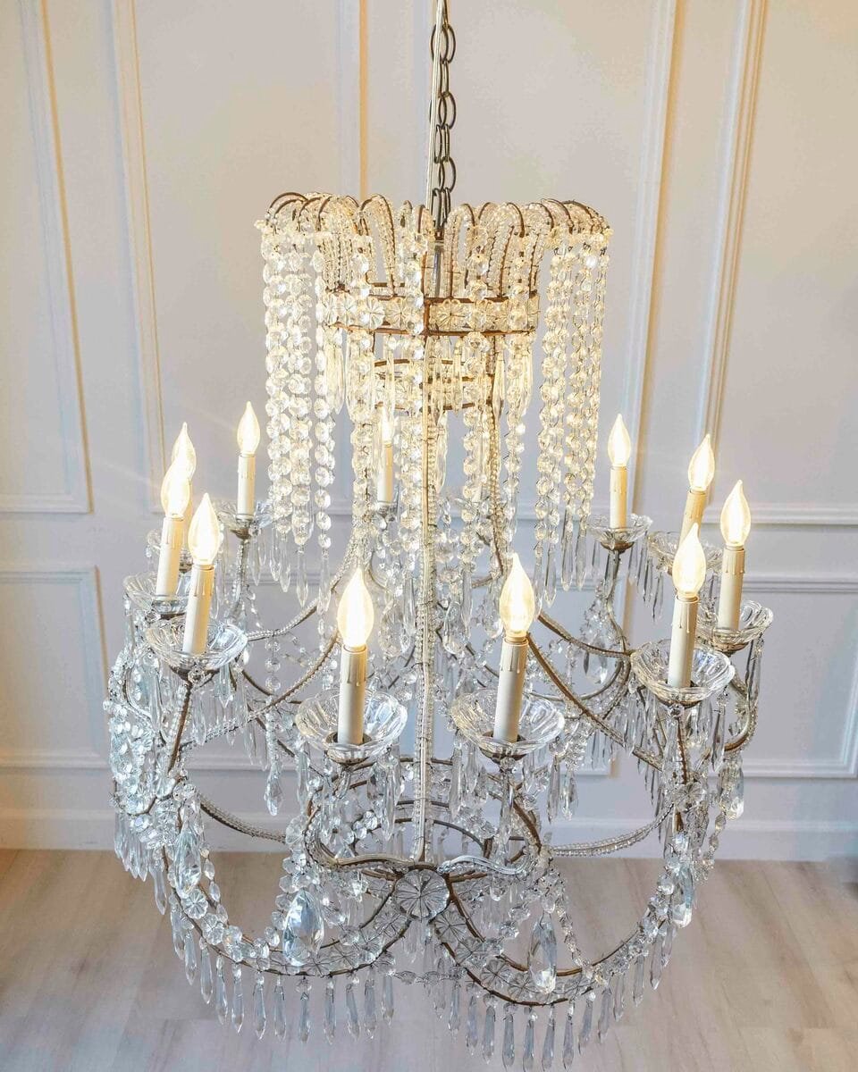 Gilded Italian Basket Chandelier with Crystal and Glass Drops, c.1900 - JAA