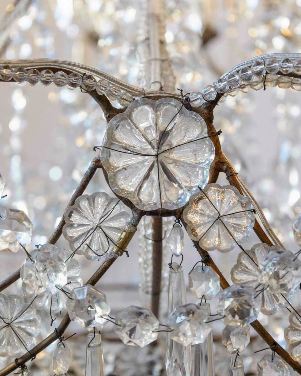 Gilded Italian Basket Chandelier with Crystal and Glass Drops, c.1900 - JAA