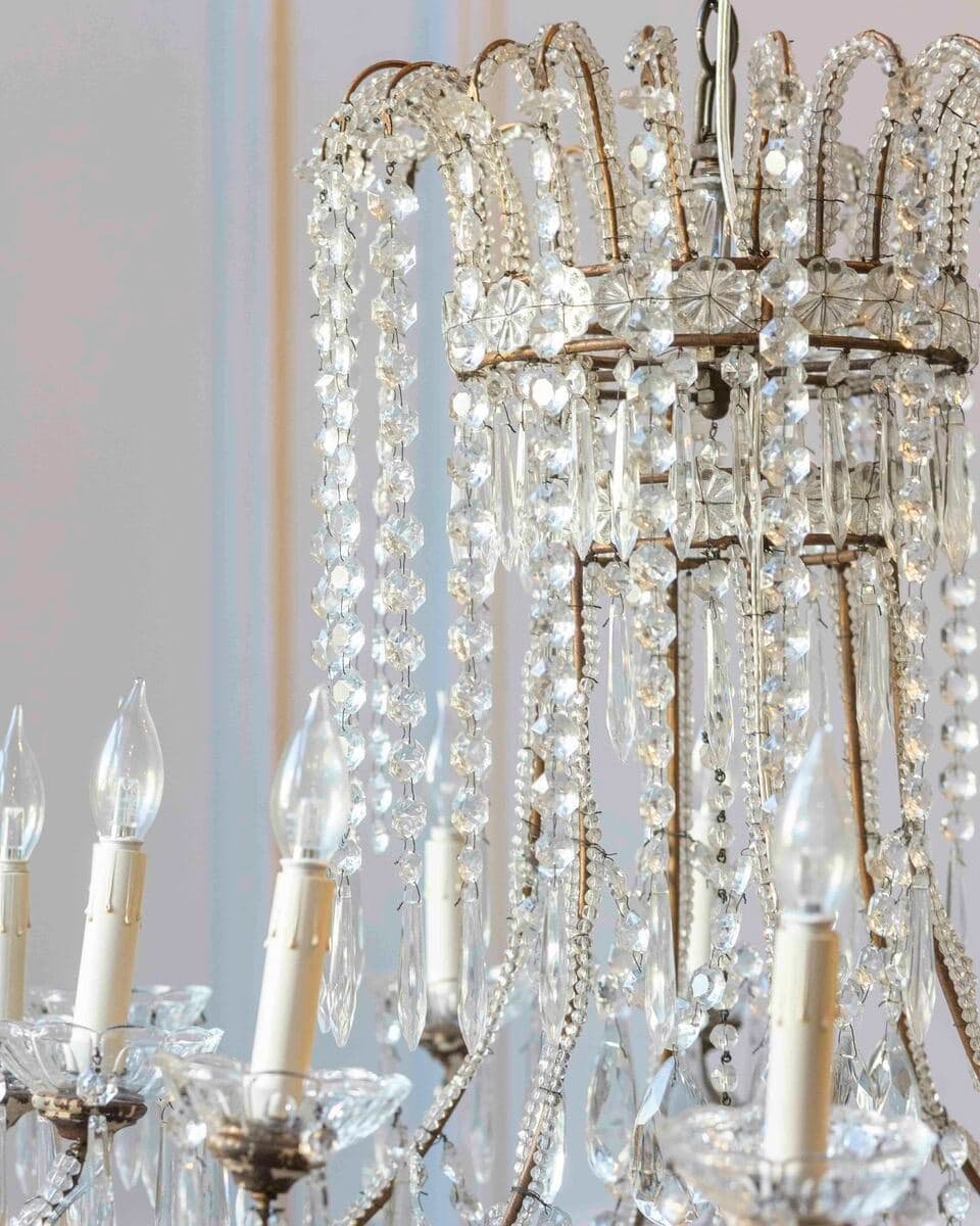 Gilded Italian Basket Chandelier with Crystal and Glass Drops, c.1900 - JAA