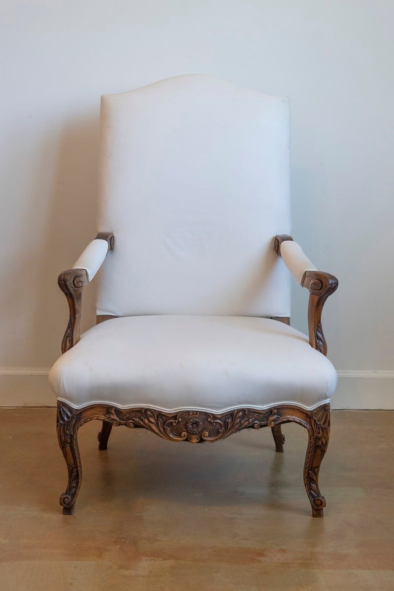 French 1840s Louis XV Style Walnut Fauteuil with Carved Accents and Upholstery - JAA