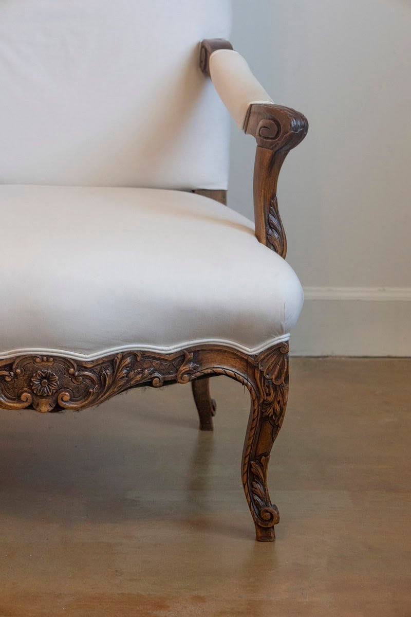 French 1840s Louis XV Style Walnut Fauteuil with Carved Accents and Upholstery - JAA