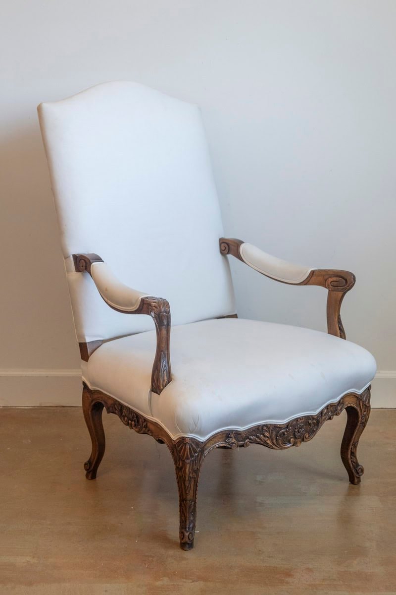 French 1840s Louis XV Style Walnut Fauteuil with Carved Accents and Upholstery - JAA