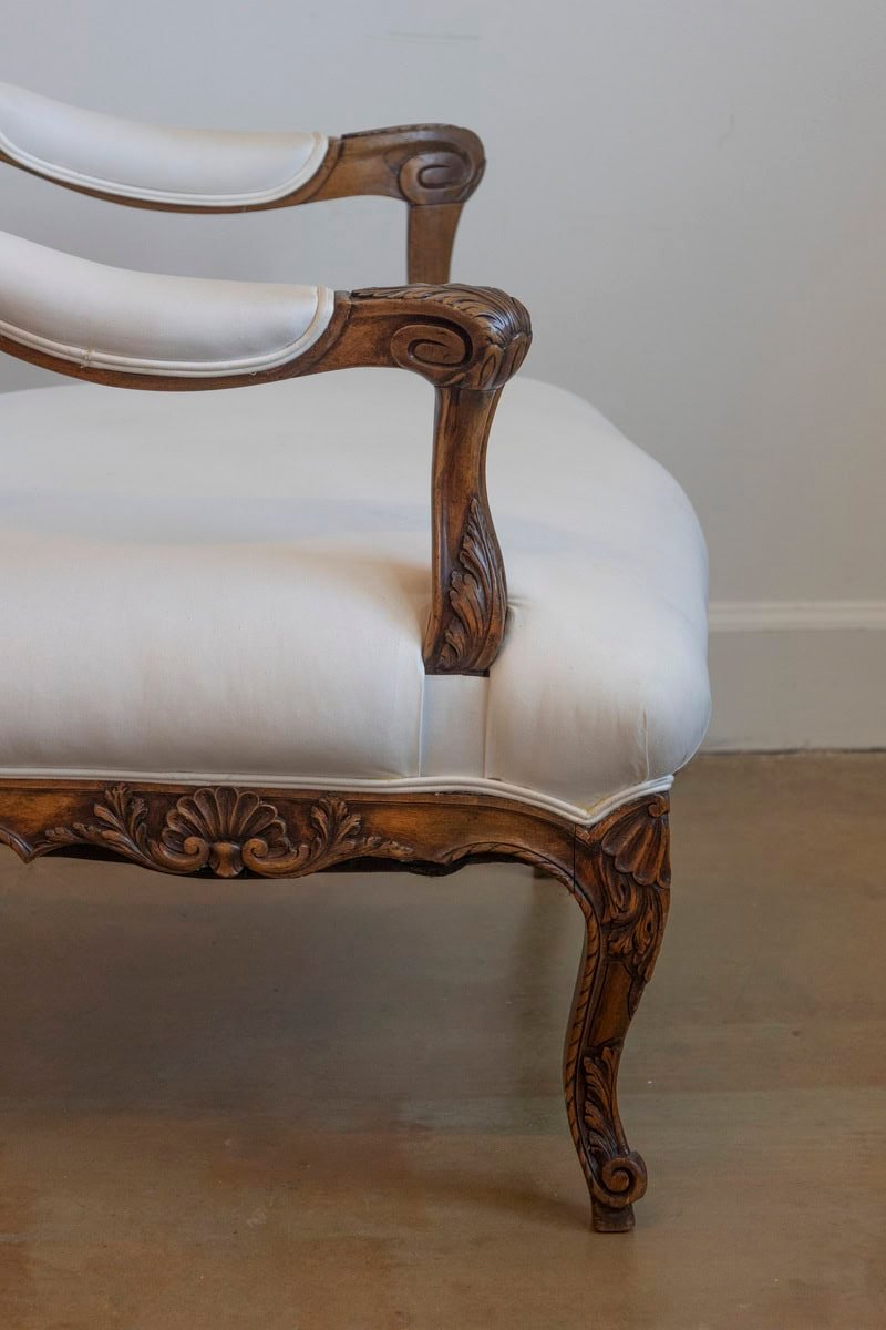 French 1840s Louis XV Style Walnut Fauteuil with Carved Accents and Upholstery - JAA