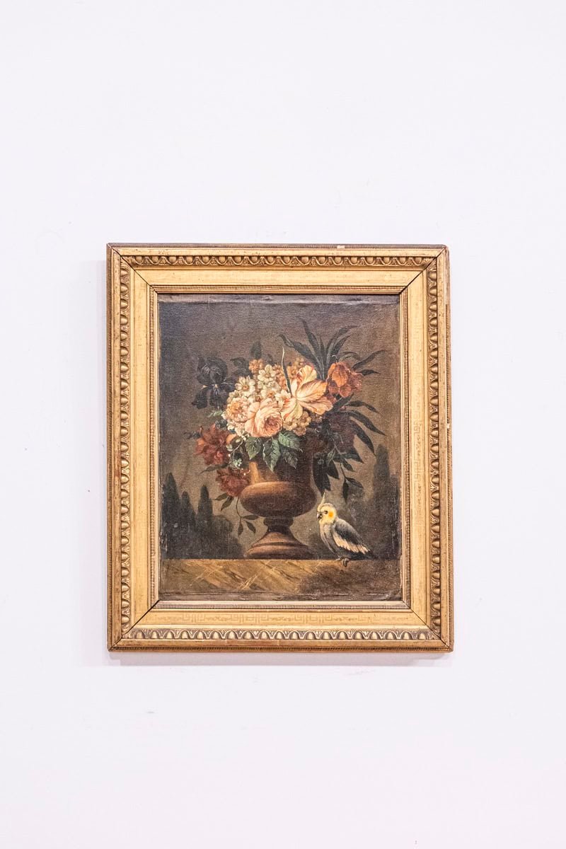 French 18th Century Framed Still-Life Oil Painting with Bouquet and Parakeet - JAA