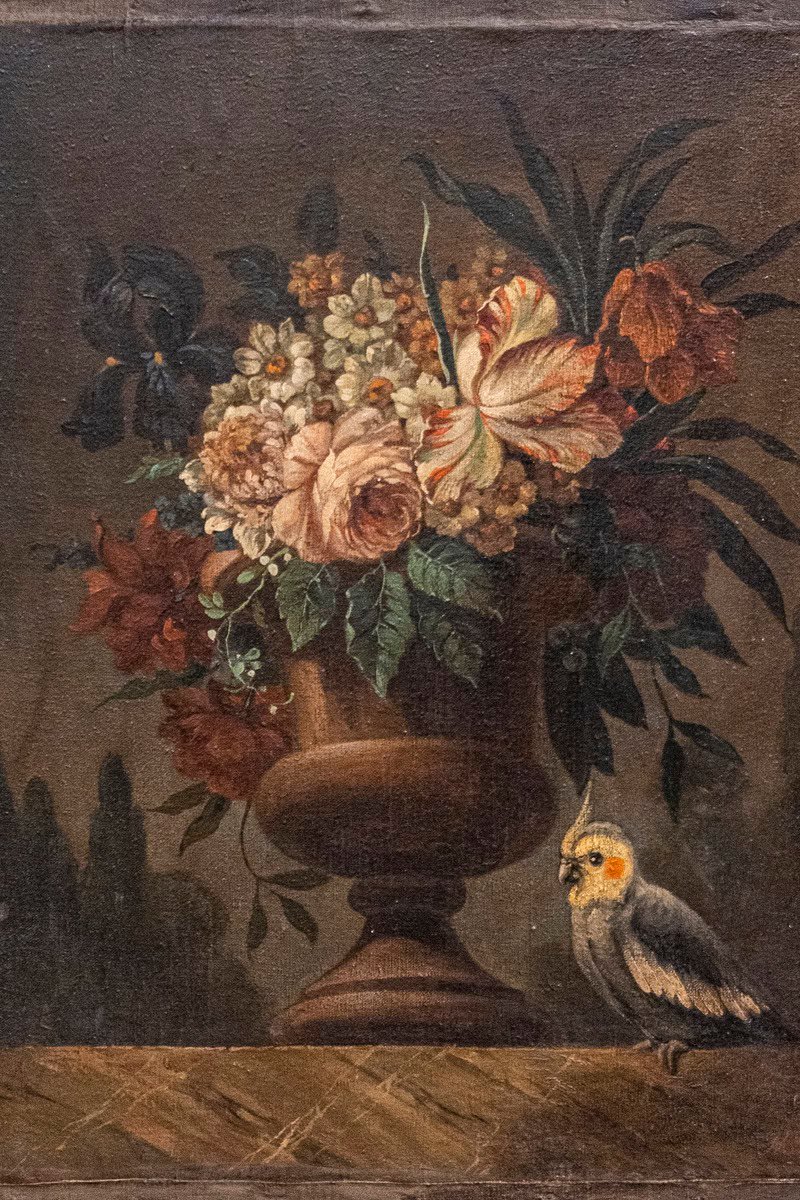 French 18th Century Framed Still-Life Oil Painting with Bouquet and Parakeet - JAA