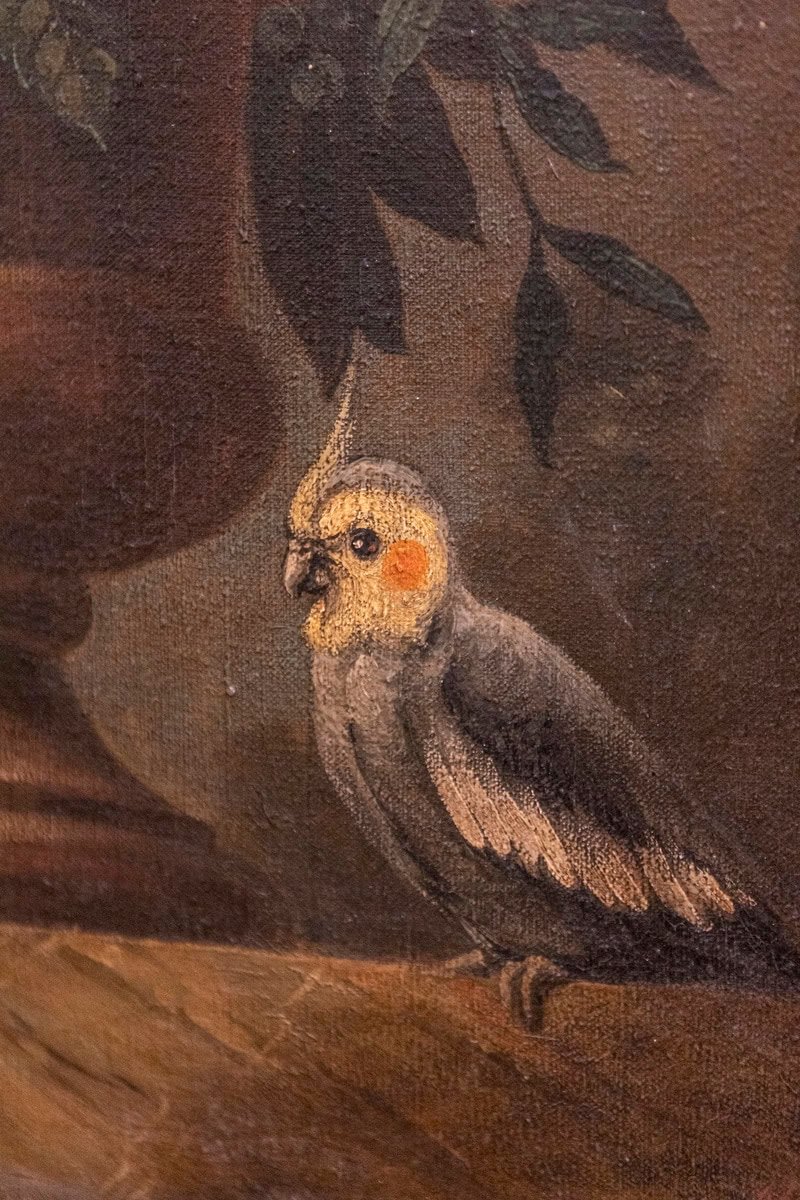 French 18th Century Framed Still-Life Oil Painting with Bouquet and Parakeet - JAA