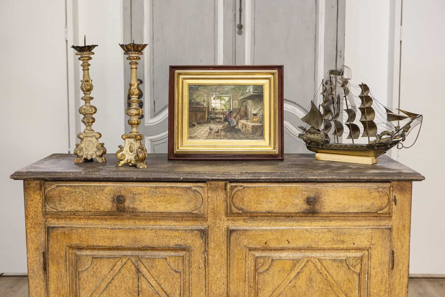 17th Century Italian Distressed Paint Wooden Buffet with Carved Diamond Motifs - JAA