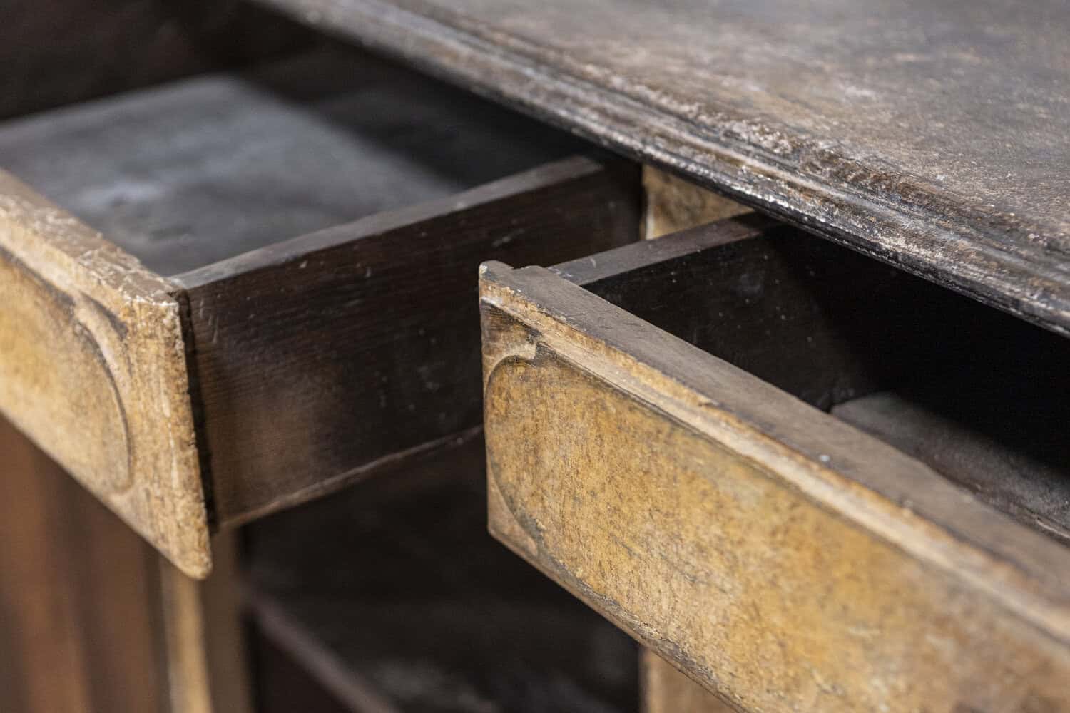 17th Century Italian Distressed Paint Wooden Buffet with Carved Diamond Motifs - JAA