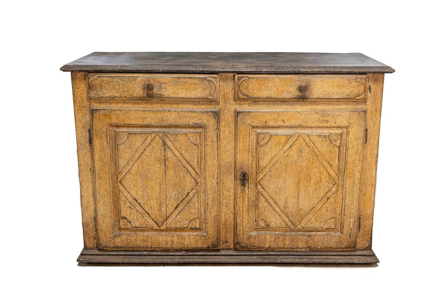 17th Century Italian Distressed Paint Wooden Buffet with Carved Diamond Motifs