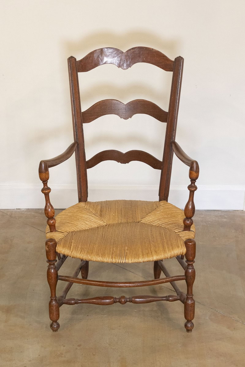 Rustic French 19th Century Walnut Armchairs with Rush Seats, Sold Individually - JAA