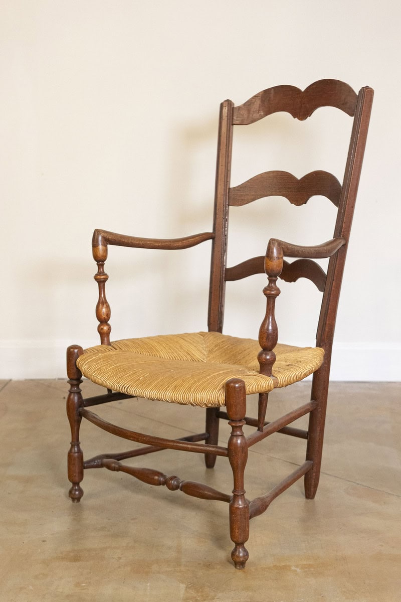 Rustic French 19th Century Walnut Armchairs with Rush Seats, Sold Individually - JAA