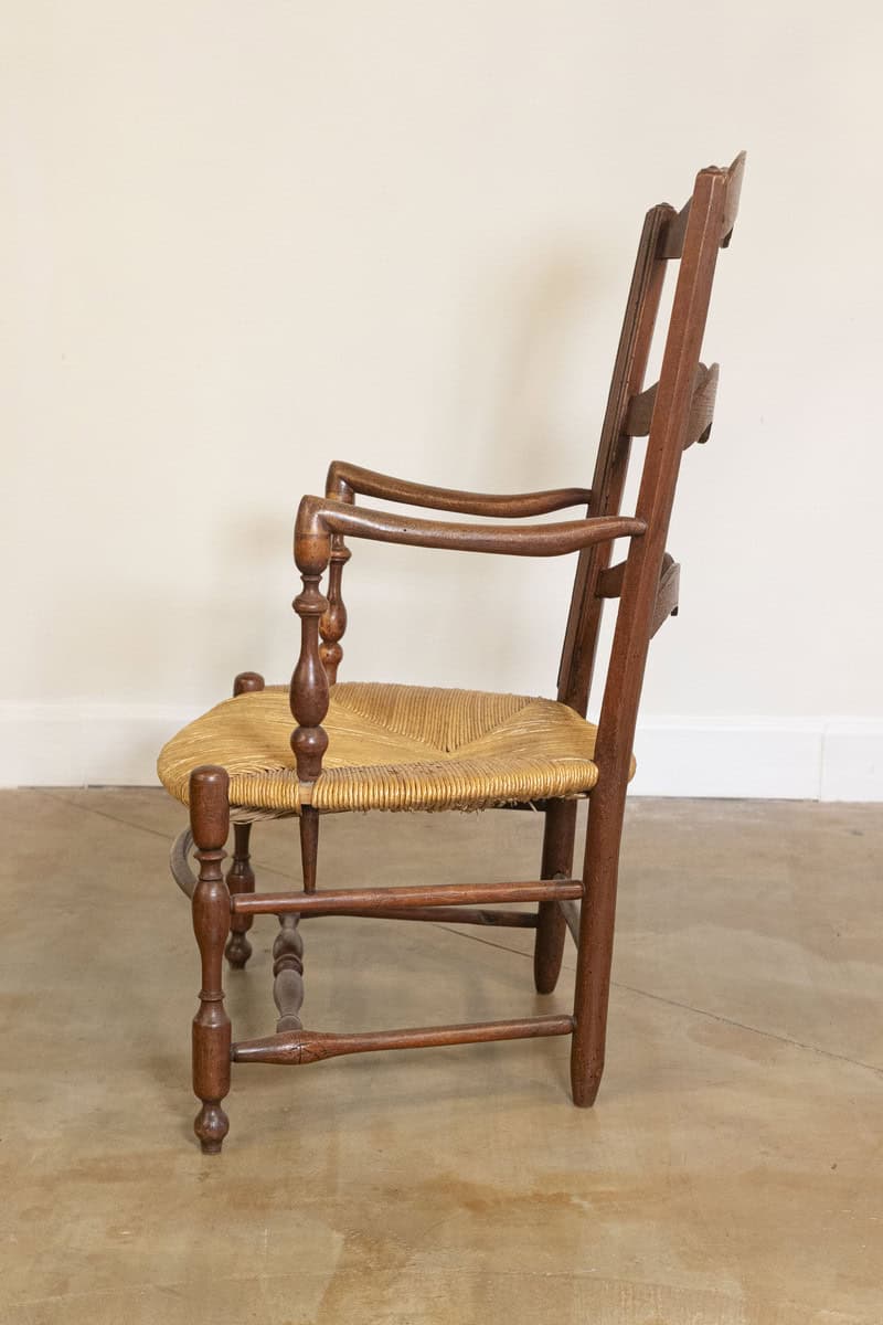 Rustic French 19th Century Walnut Armchairs with Rush Seats, Sold Individually - JAA