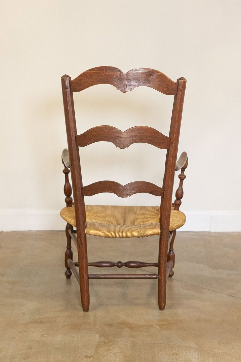 Rustic French 19th Century Walnut Armchairs with Rush Seats, Sold Individually - JAA