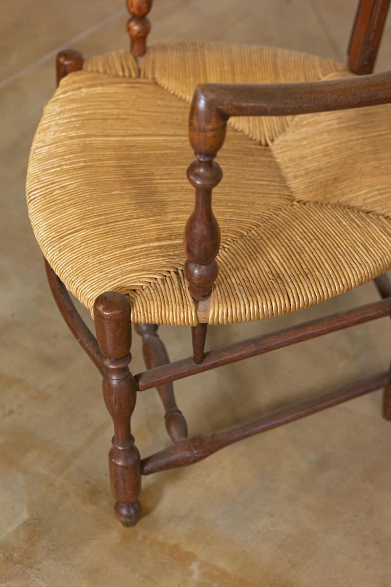 Rustic French 19th Century Walnut Armchairs with Rush Seats, Sold Individually - JAA