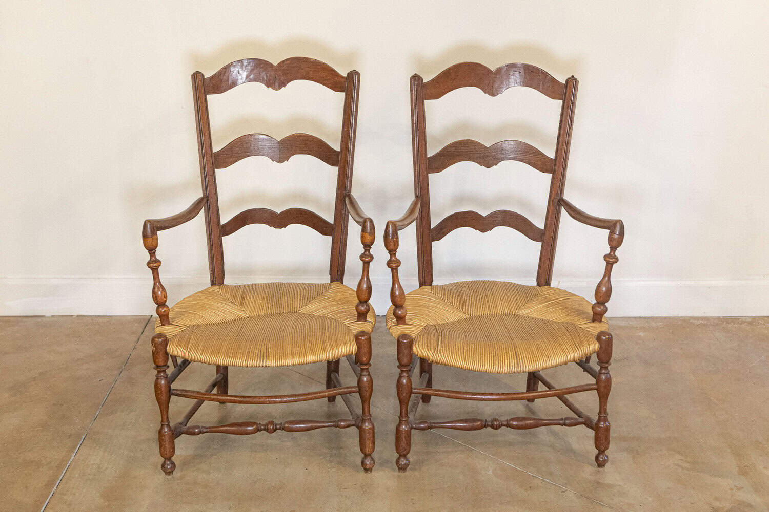 Rustic French 19th Century Walnut Armchairs with Rush Seats, Sold Individually - JAA