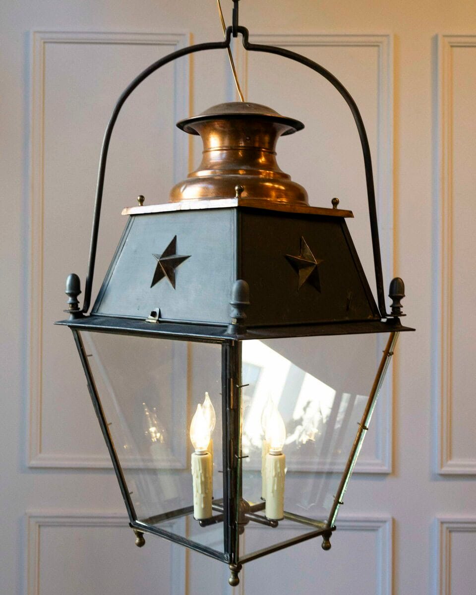 20th-Century French Copper and Iron Lantern with Star Motifs - JAA