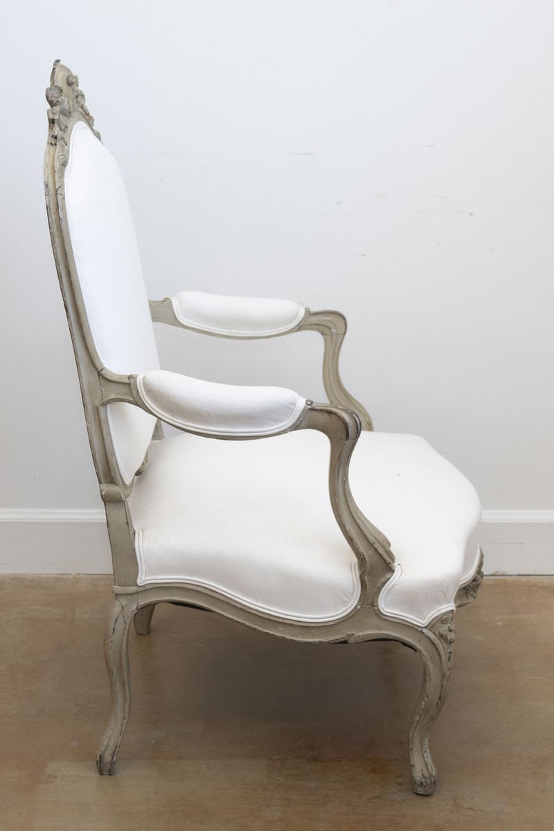 Pair of Napoléon III 1850s Painted and Upholstered Armchairs with Carved Flowers - JAA