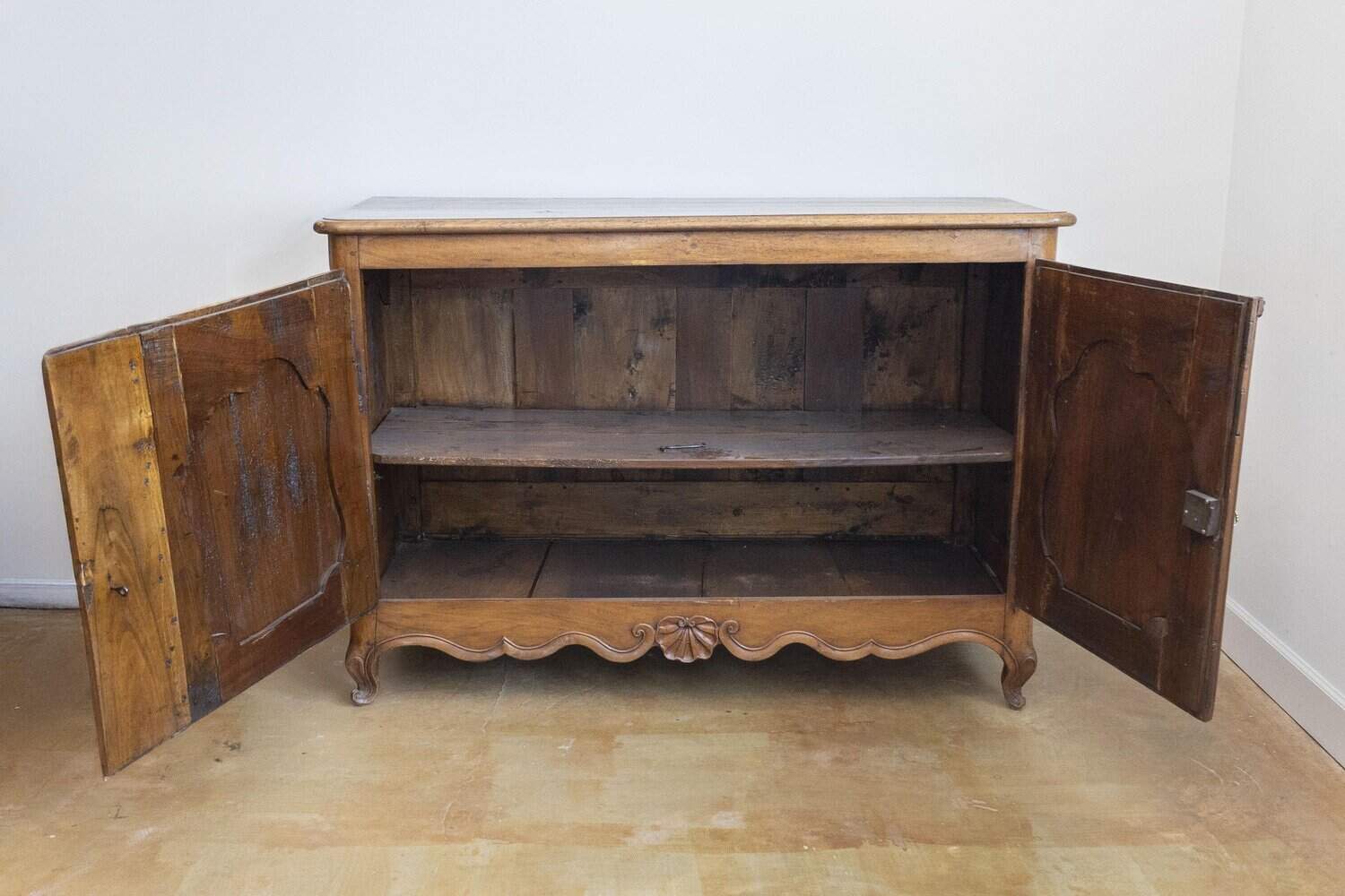 40% OFF at Checkout. French 1750s Louis XV Period Walnut Buffet with Star Inlay and Carved Shells - JAA