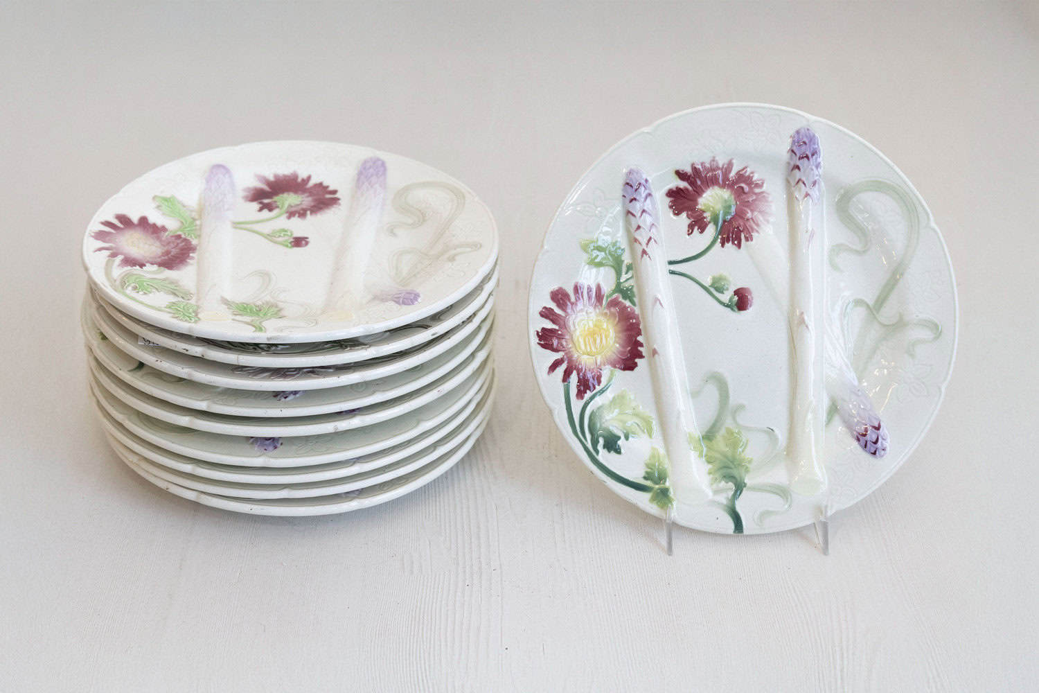 French Majolica Asparagus Dinner Plates with Colorful Flowers, 7 Available - JAA