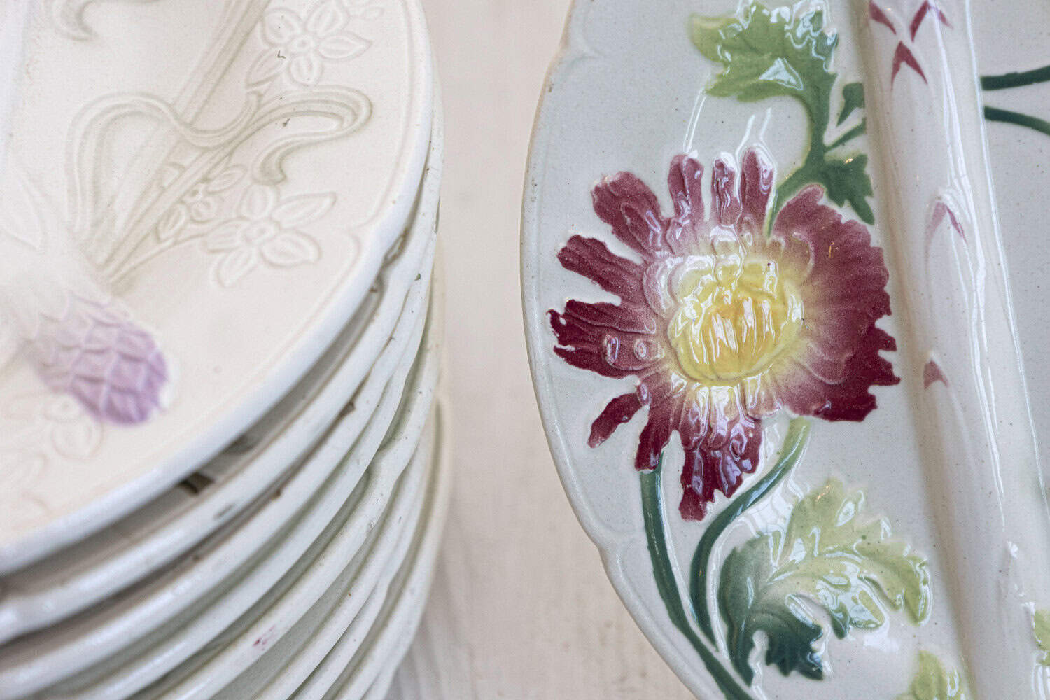 French Majolica Asparagus Dinner Plates with Colorful Flowers, 7 Available - JAA