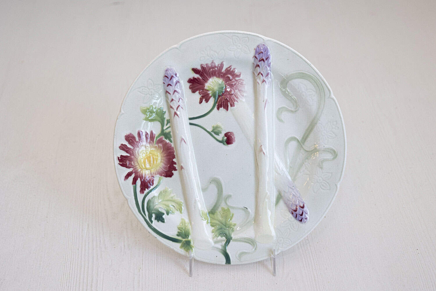 French Majolica Asparagus Dinner Plates with Colorful Flowers, 7 Available - JAA